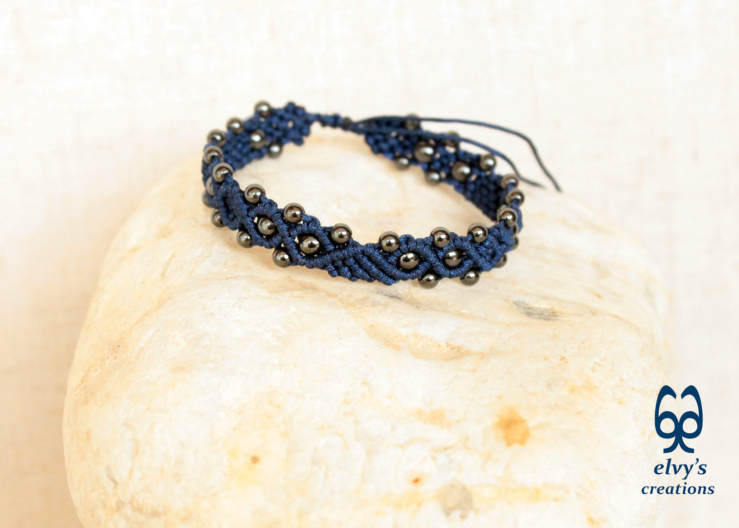Blue Macrame Bracelet with Gray Hematite Gemstone Beaded Cuff, Unique Birthday Gift for Women