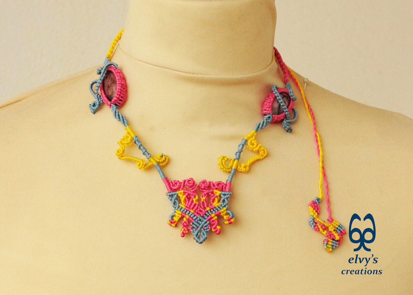 Blue Macrame Necklace with Pink Rhodonite Gemstones Yellow Adjustable Necklace