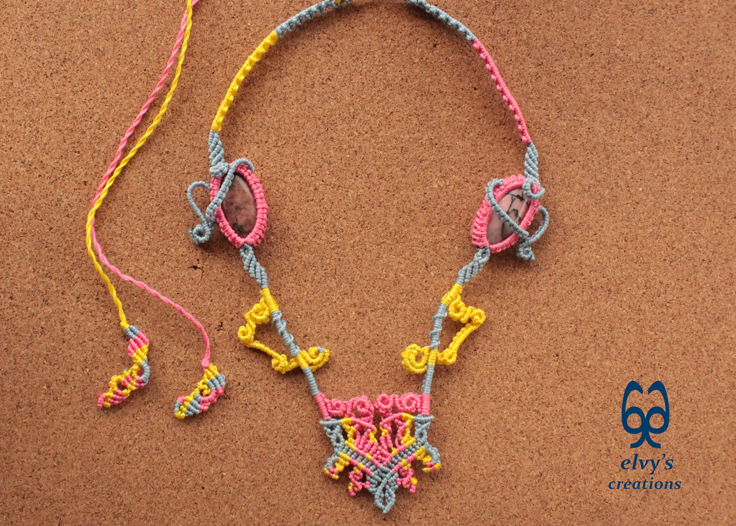 Blue Macrame Necklace with Pink Rhodonite Gemstones Yellow Adjustable Necklace