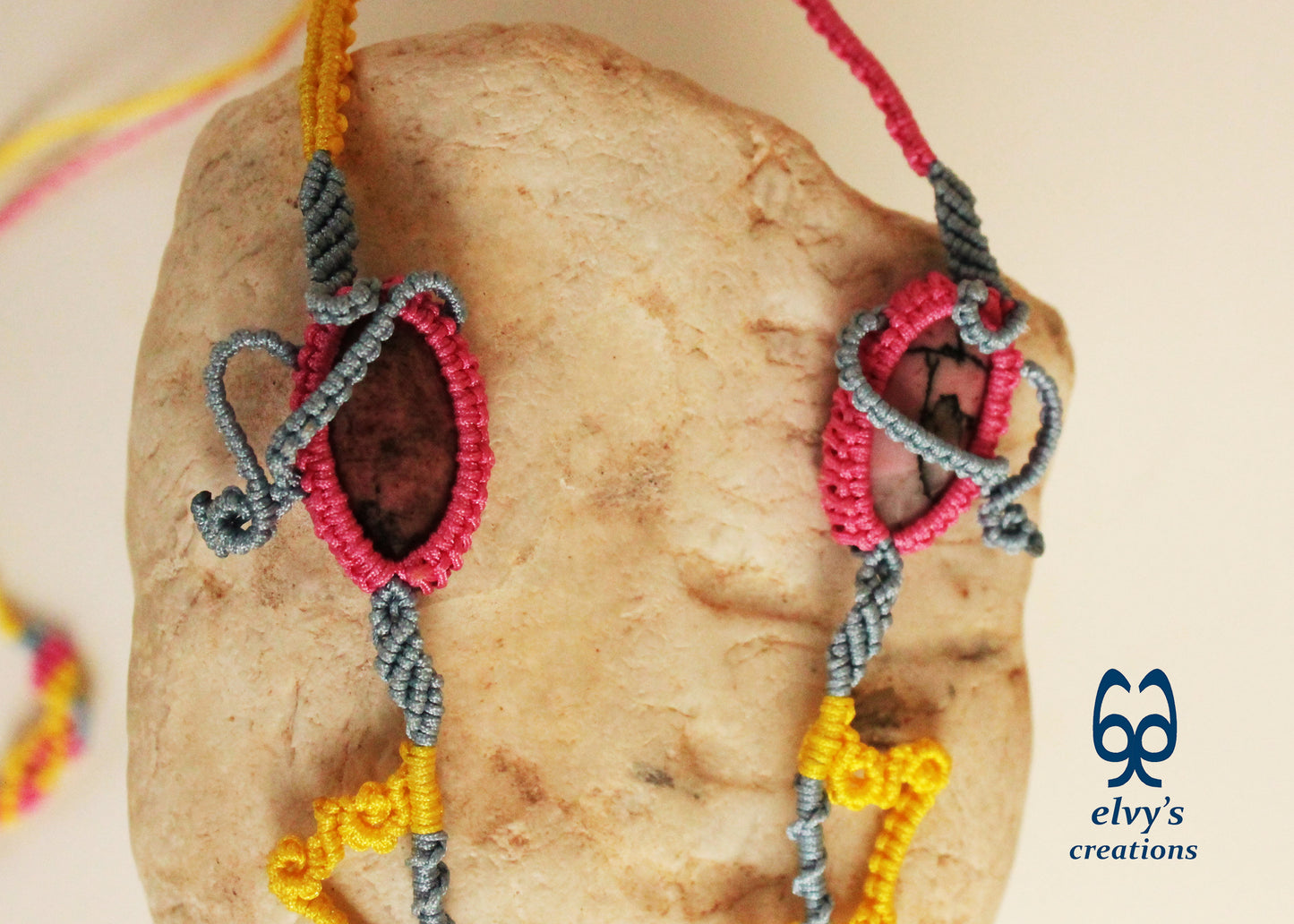Blue Macrame Necklace with Pink Rhodonite Gemstones Yellow Adjustable Necklace