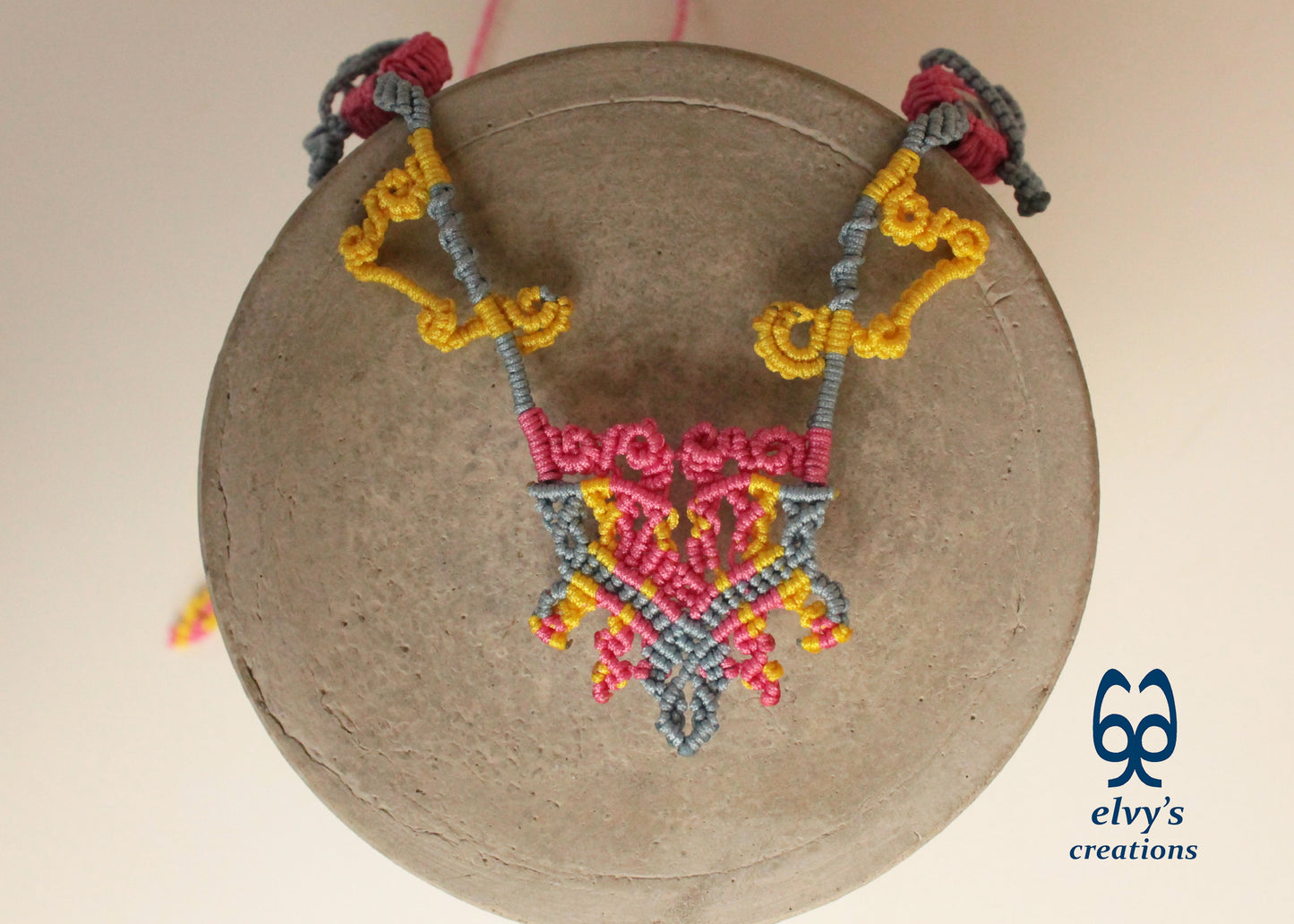 Blue Macrame Necklace with Pink Rhodonite Gemstones Yellow Adjustable Necklace
