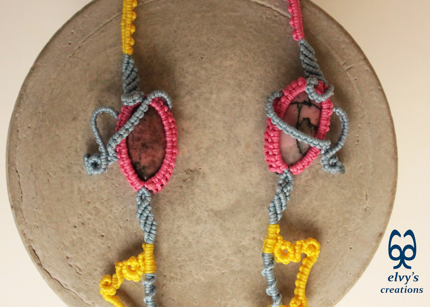 Blue Macrame Necklace with Pink Rhodonite Gemstones Yellow Adjustable Necklace