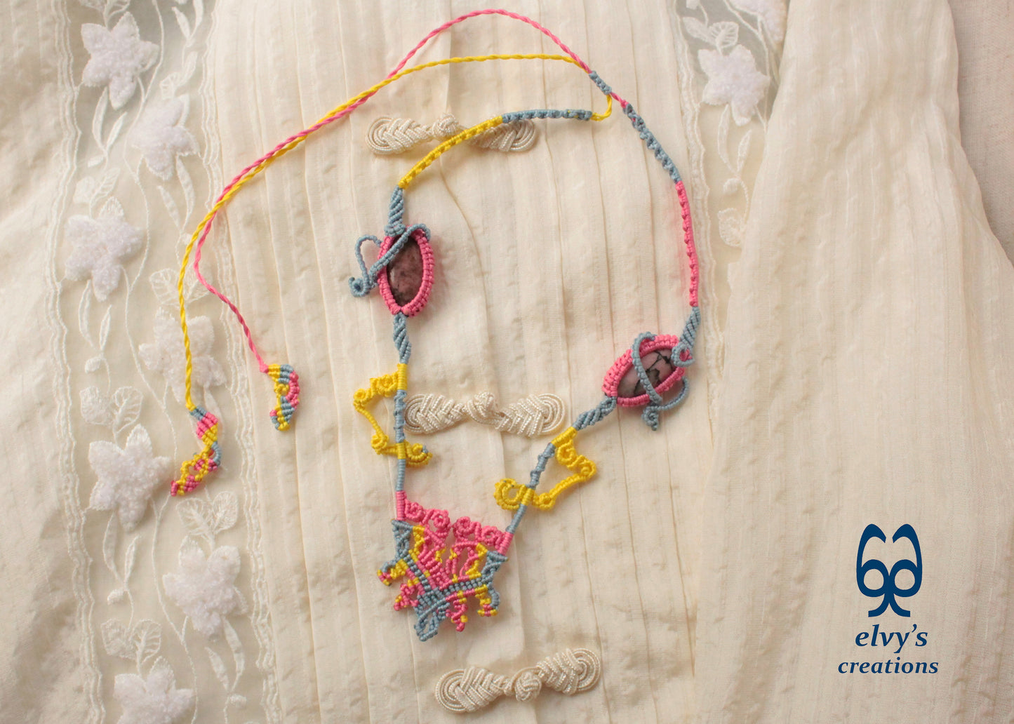 Blue Macrame Necklace with Pink Rhodonite Gemstones Yellow Adjustable Necklace