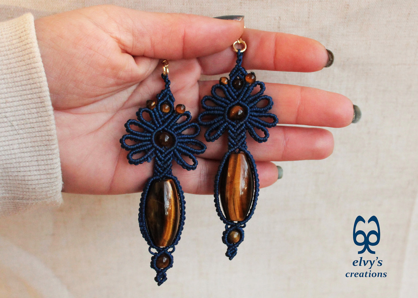 Blue Jewelry Set with Tiger Eye Gemstones Macrame Necklace and Earrings