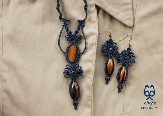 Blue Jewelry Set with Tiger Eye Gemstones Macrame Necklace and Earrings