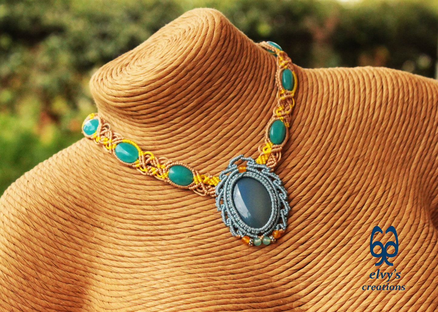 Blue Macrame Necklace Jade Gemstone Beige Choker Necklace Yellow Necklace