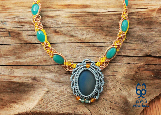 Blue Macrame Necklace Jade Gemstone Beige Choker Necklace Yellow Necklace