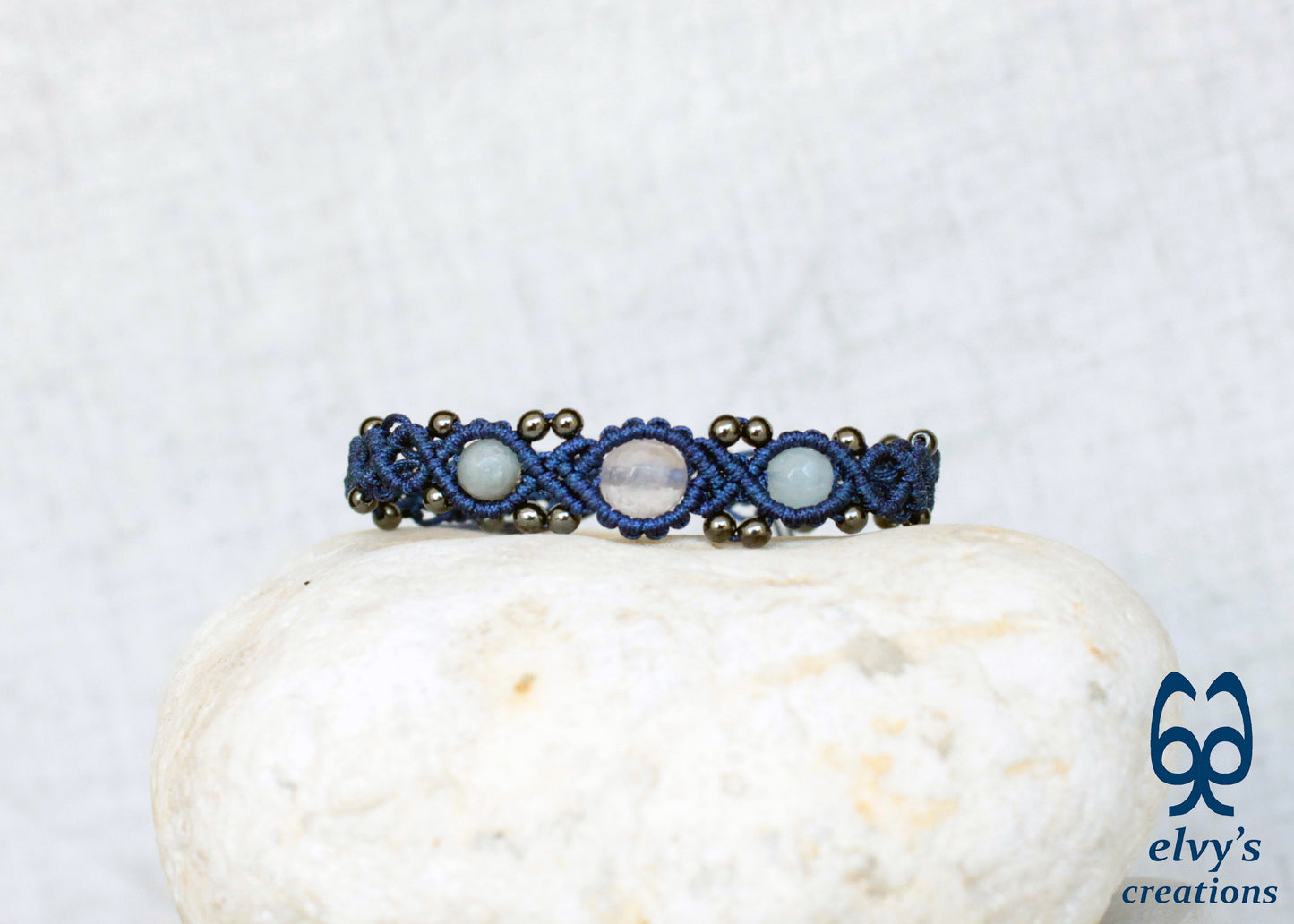 Blue Beaded Macrame Cuff Bracelet With White and Blue Quartz and Gray Hematite Gemstones Bracelet Gift for her