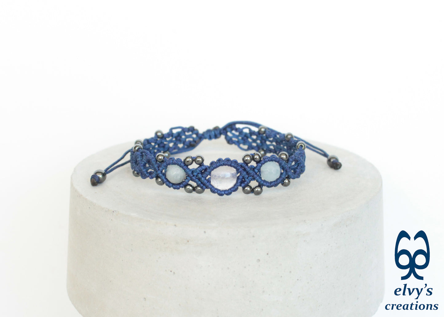 Blue Beaded Macrame Cuff Bracelet With White and Blue Quartz and Gray Hematite Gemstones Bracelet Gift for her