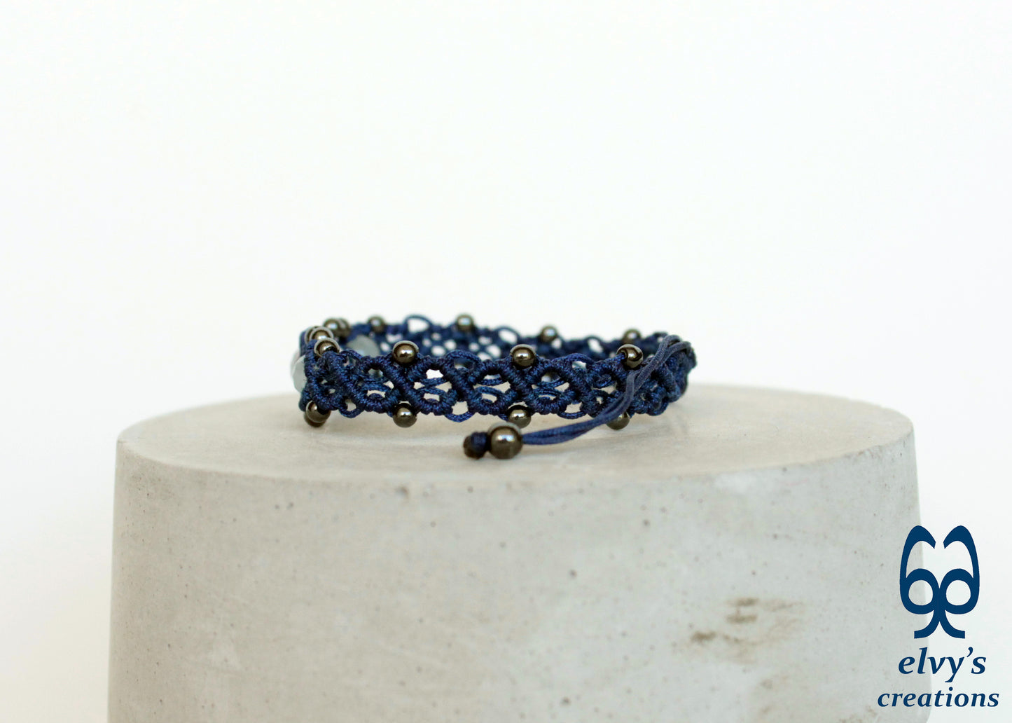 Blue Beaded Macrame Cuff Bracelet With White and Blue Quartz and Gray Hematite Gemstones Bracelet Gift for her