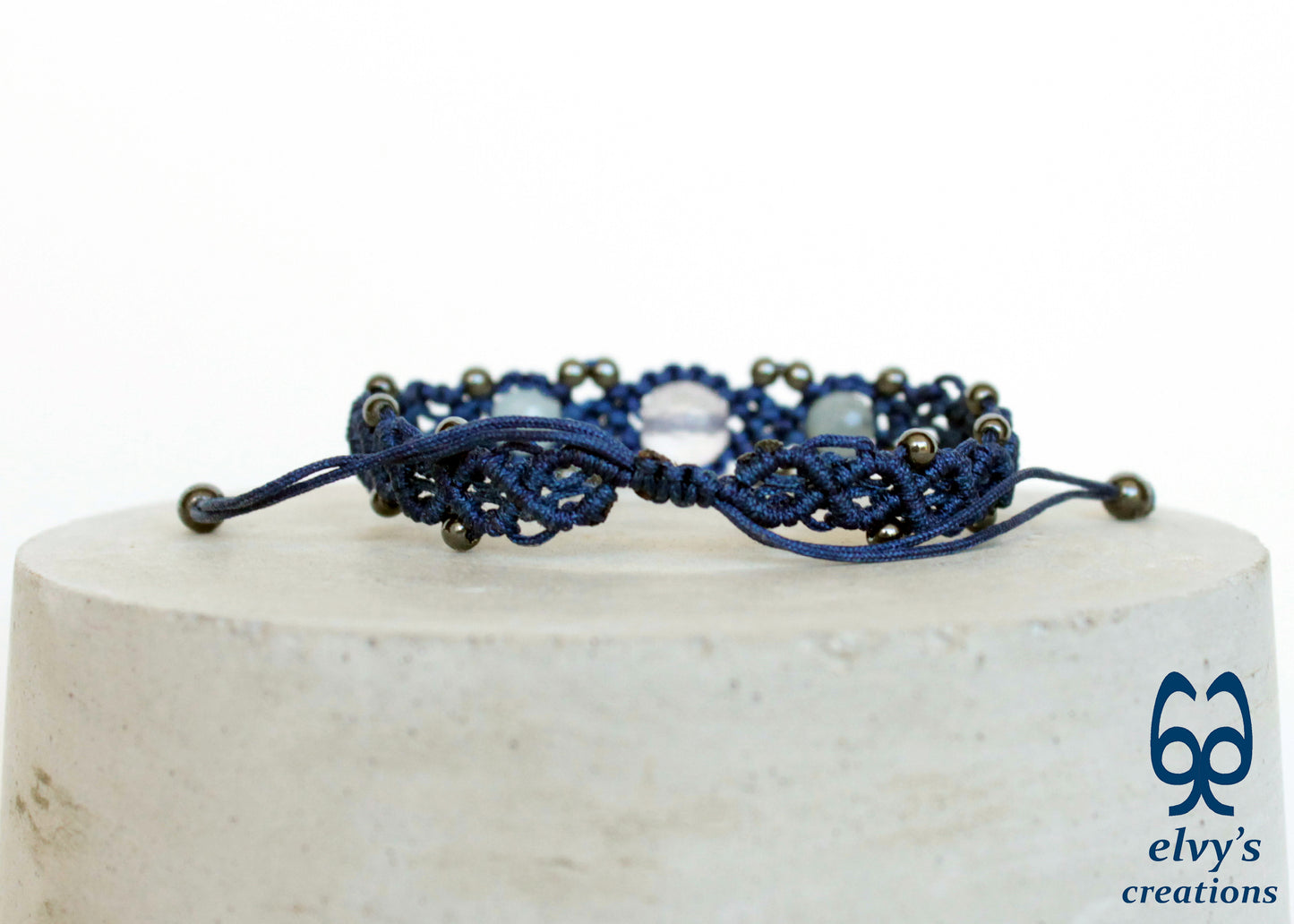Blue Beaded Macrame Cuff Bracelet With White and Blue Quartz and Gray Hematite Gemstones Bracelet Gift for her