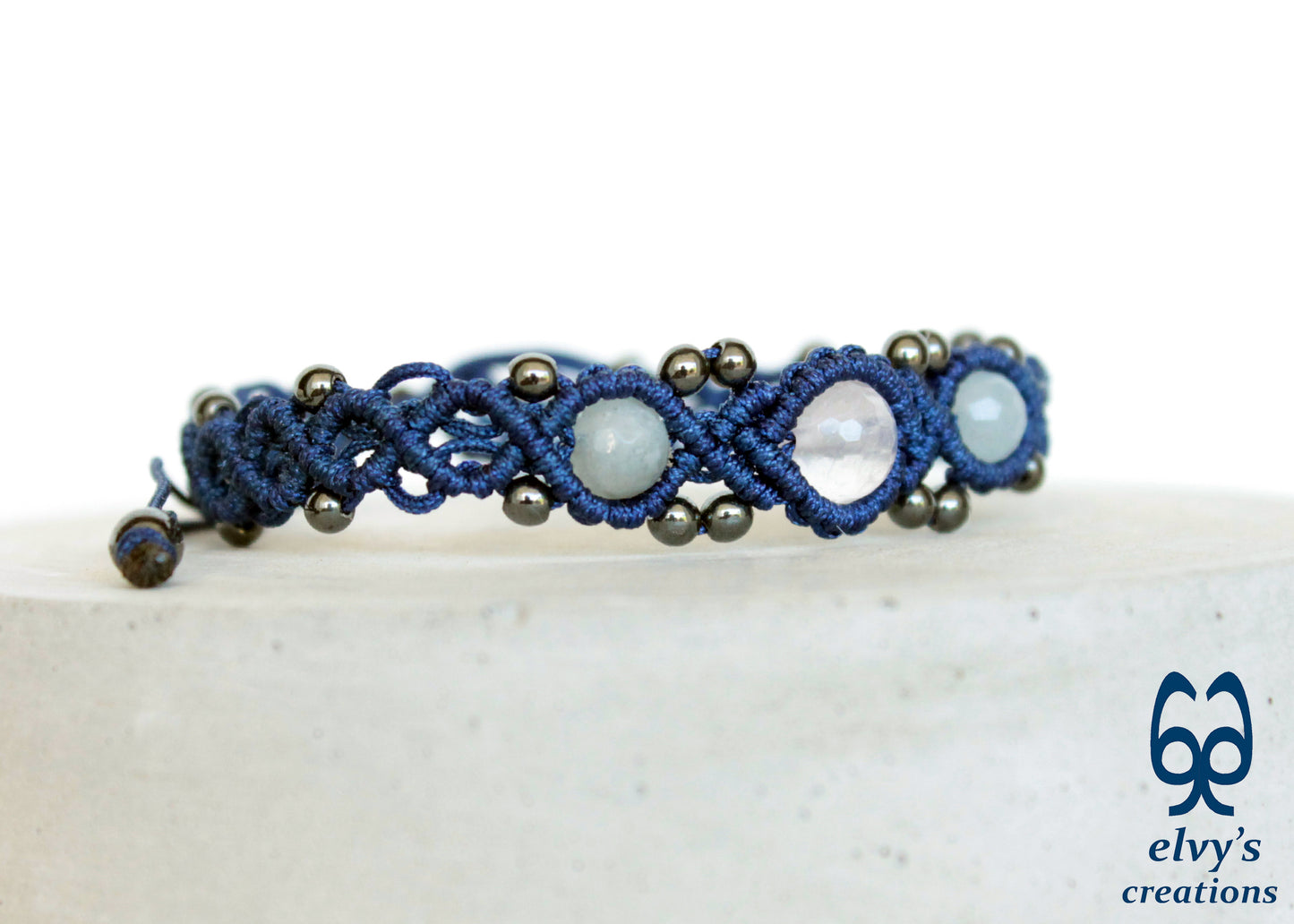 Blue Beaded Macrame Cuff Bracelet With White and Blue Quartz and Gray Hematite Gemstones Bracelet Gift for her