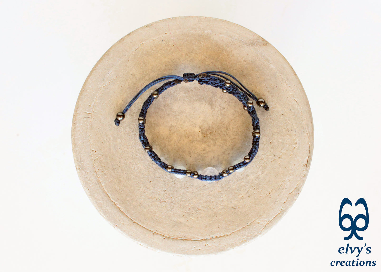 Blue Beaded Macrame Cuff Bracelet With White and Blue Quartz and Gray Hematite Gemstones Bracelet Gift for her