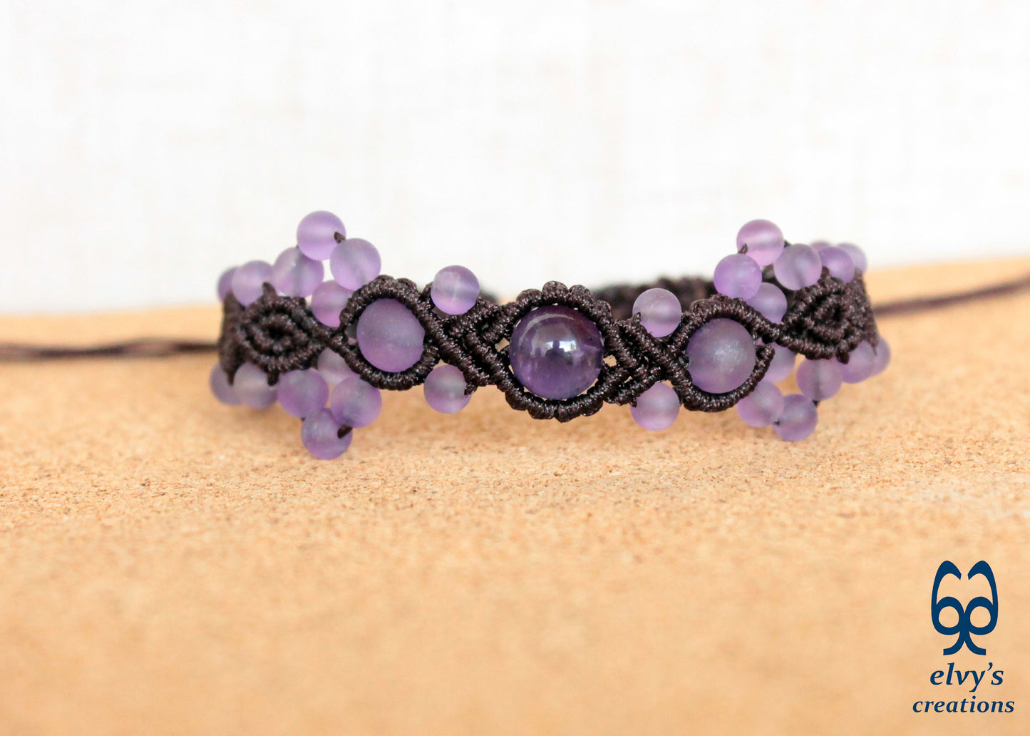 Amethyst Macrame Bracelet, Gemstone Beaded Cuff, Unique Birthday Gift for Women