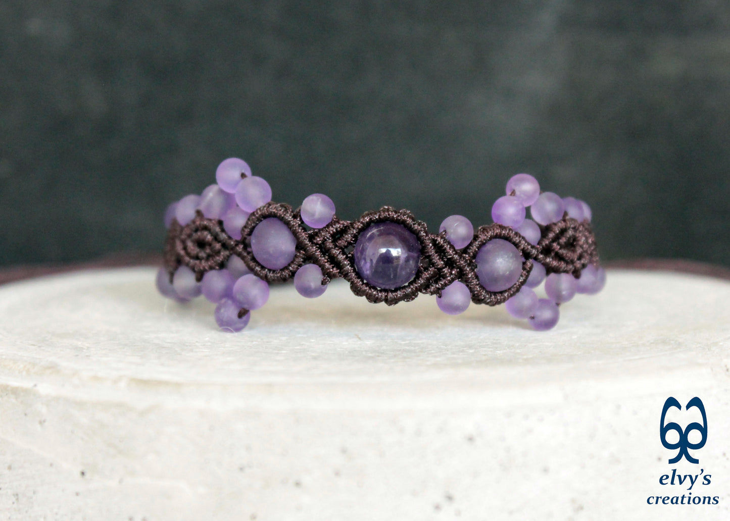 Amethyst Macrame Bracelet, Gemstone Beaded Cuff, Unique Birthday Gift for Women