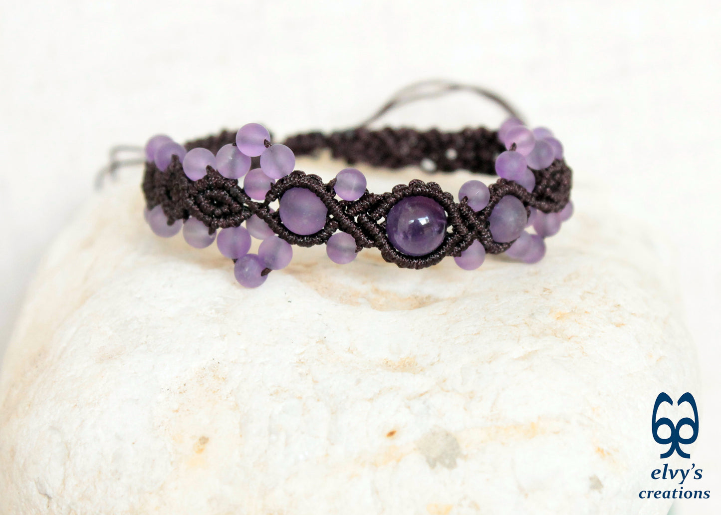 Amethyst Macrame Bracelet, Gemstone Beaded Cuff, Unique Birthday Gift for Women