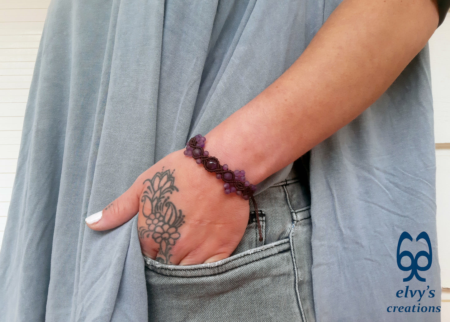 Amethyst Macrame Bracelet, Gemstone Beaded Cuff, Unique Birthday Gift for Women