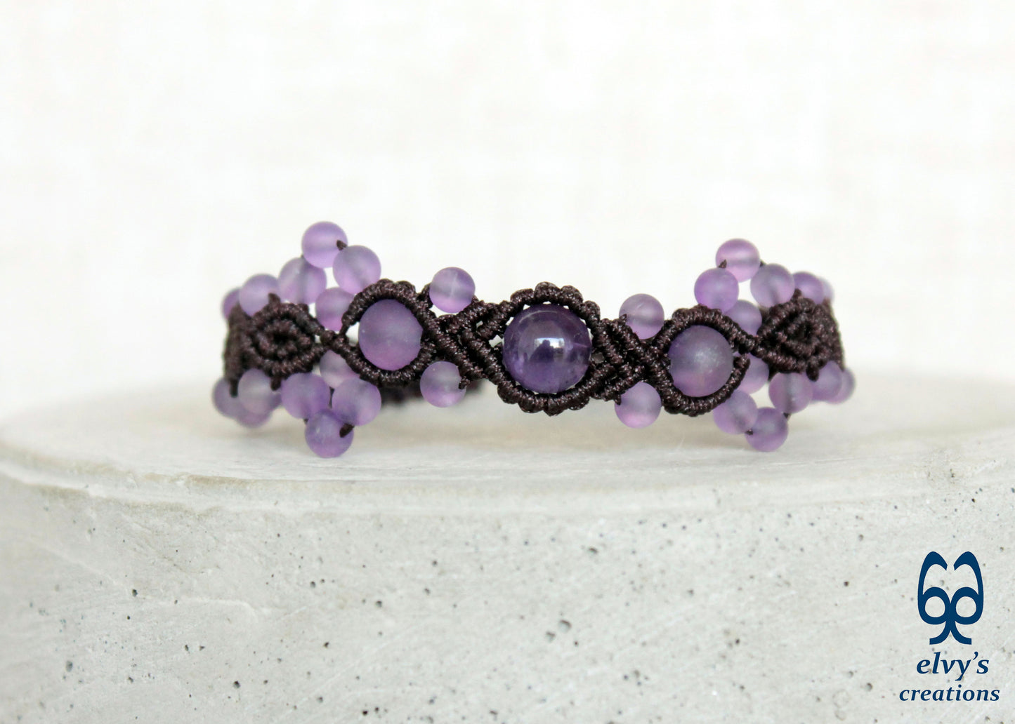 Amethyst Macrame Bracelet, Gemstone Beaded Cuff, Unique Birthday Gift for Women
