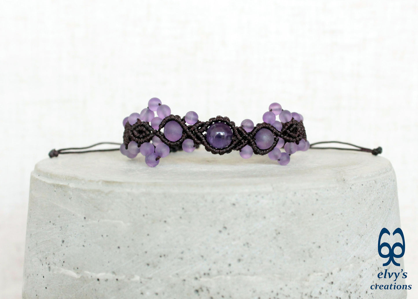 Amethyst Macrame Bracelet, Gemstone Beaded Cuff, Unique Birthday Gift for Women