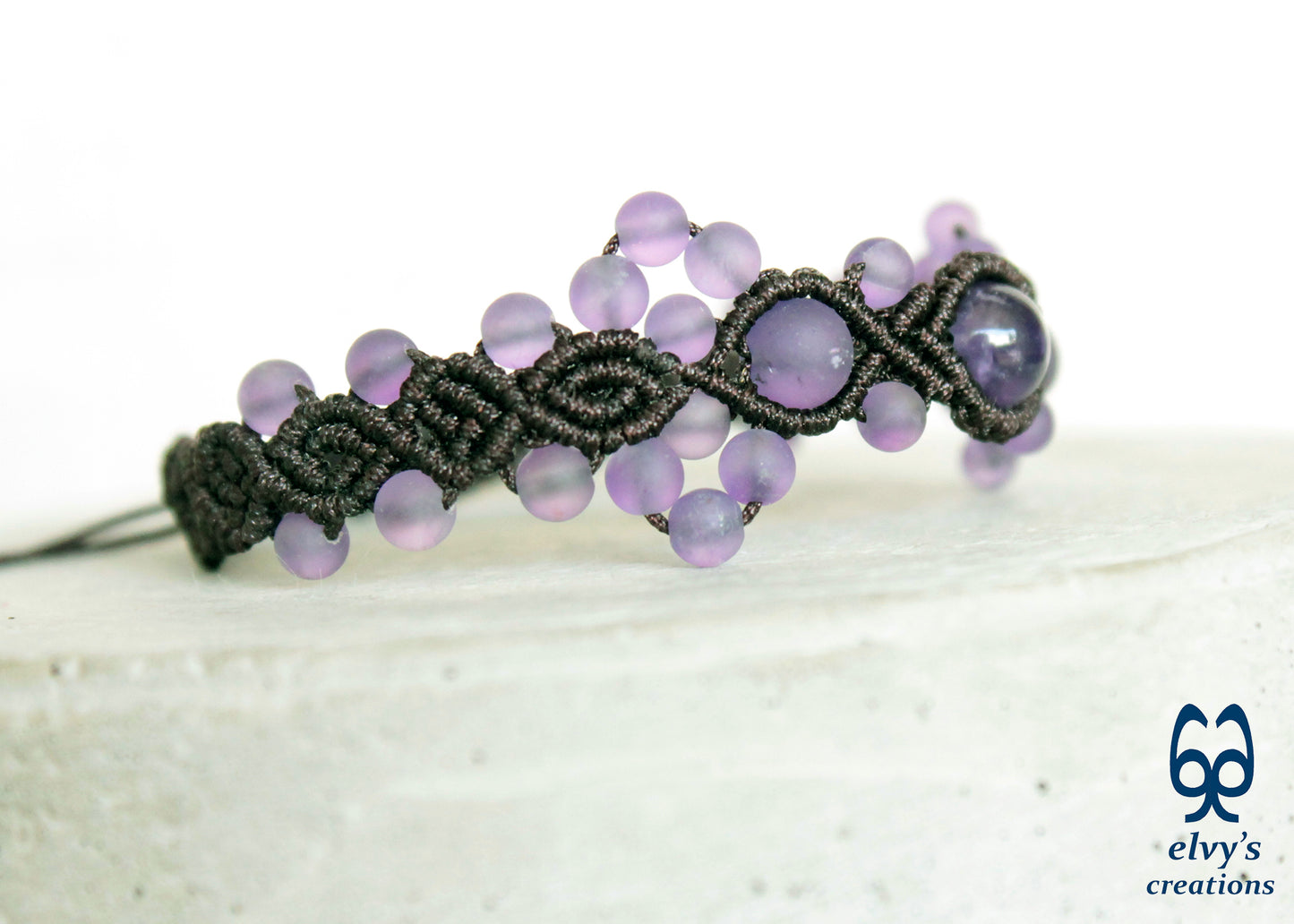 Amethyst Macrame Bracelet, Gemstone Beaded Cuff, Unique Birthday Gift for Women