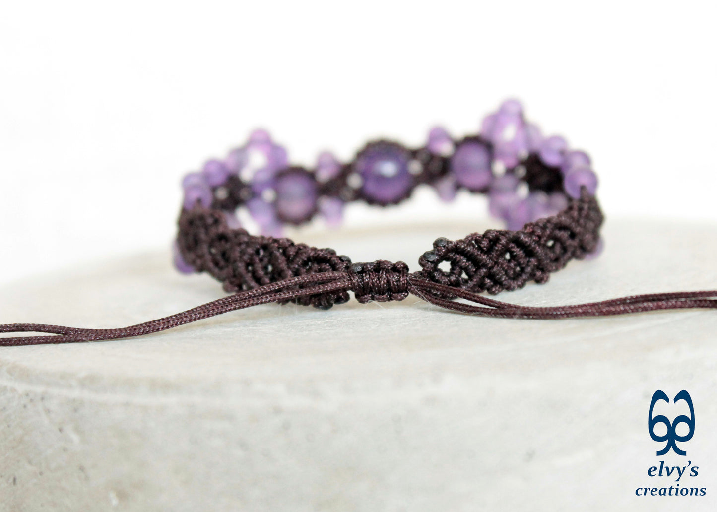 Amethyst Macrame Bracelet, Gemstone Beaded Cuff, Unique Birthday Gift for Women