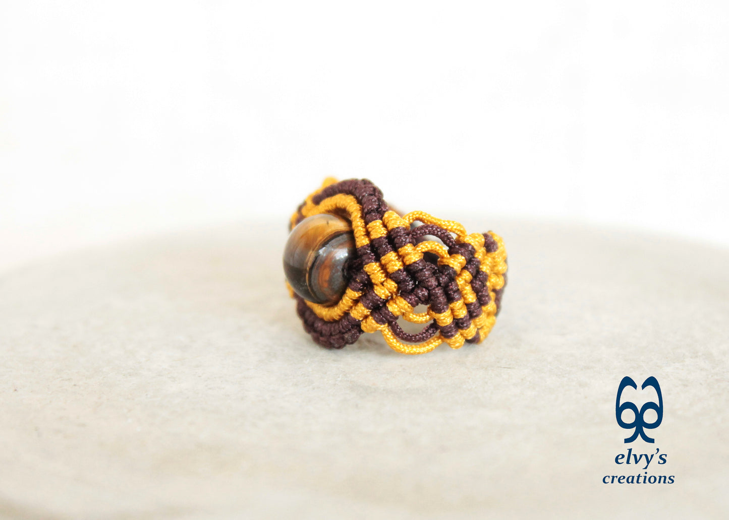 Brown Macrame Ring Tiger Eye Gemstone