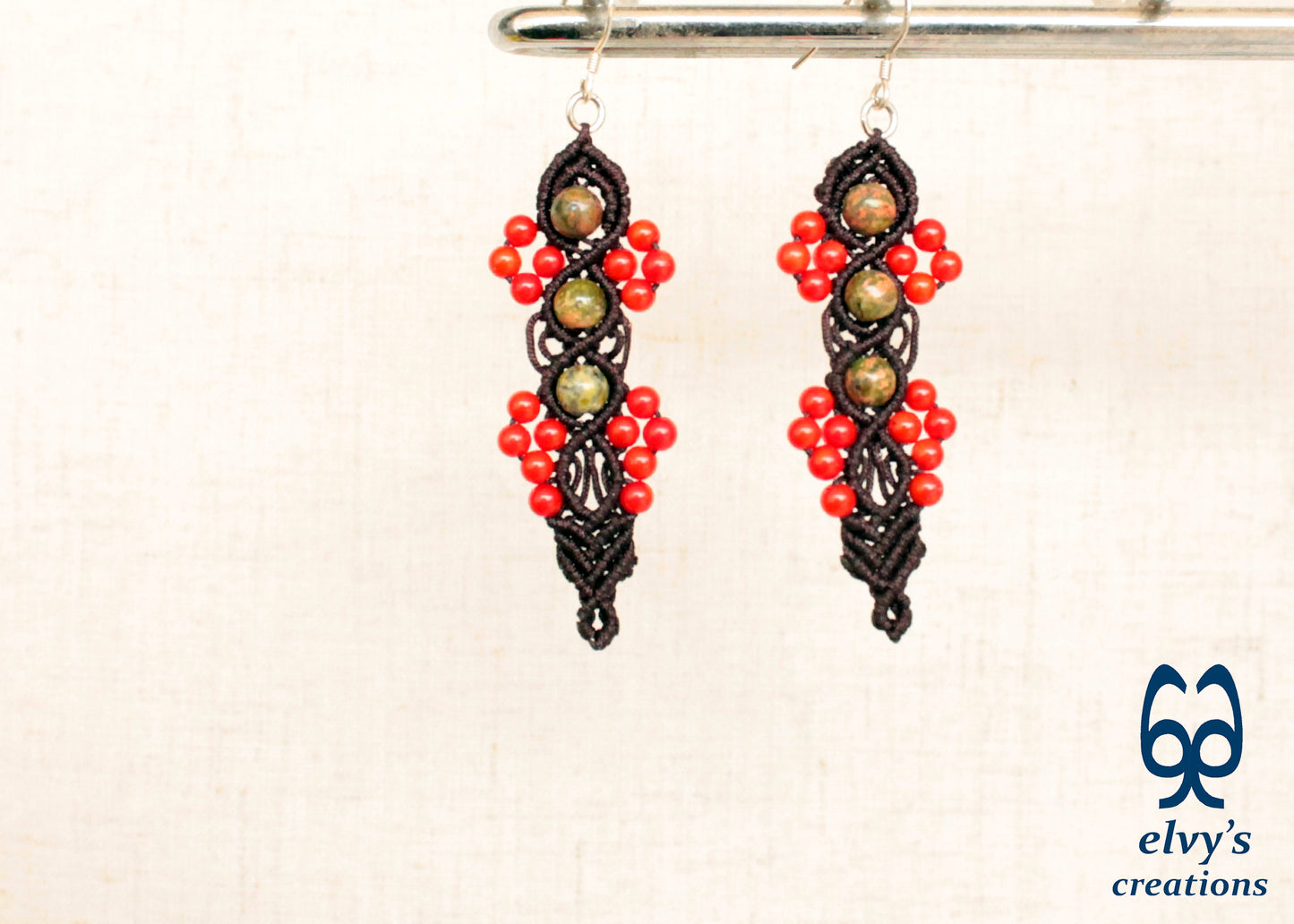 Handmade Macrame Silver Earrings, Beaded Gemstone Handmade Jewelry,Gift for Women
