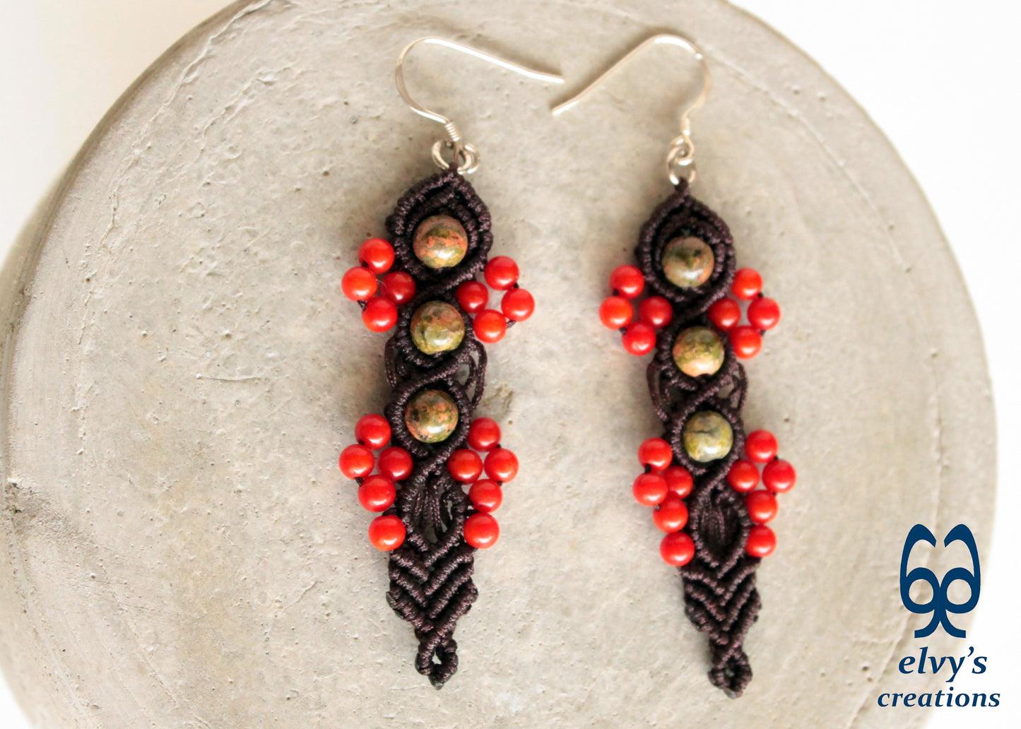 Handmade Macrame Silver Earrings, Beaded Gemstone Handmade Jewelry,Gift for Women