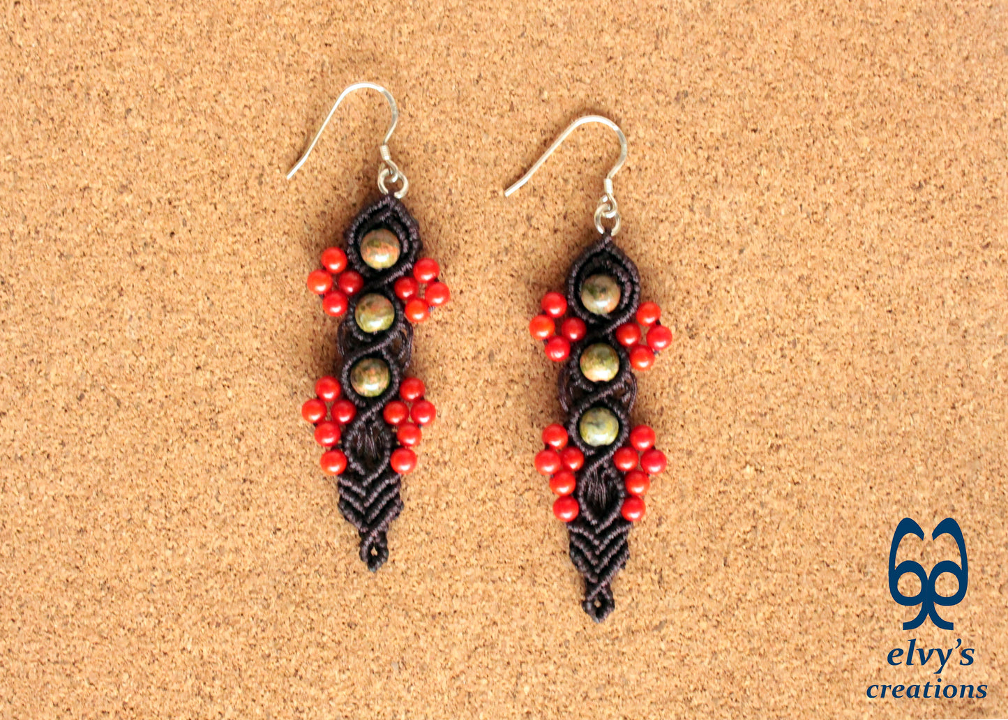 Handmade Macrame Silver Earrings, Beaded Gemstone Handmade Jewelry,Gift for Women