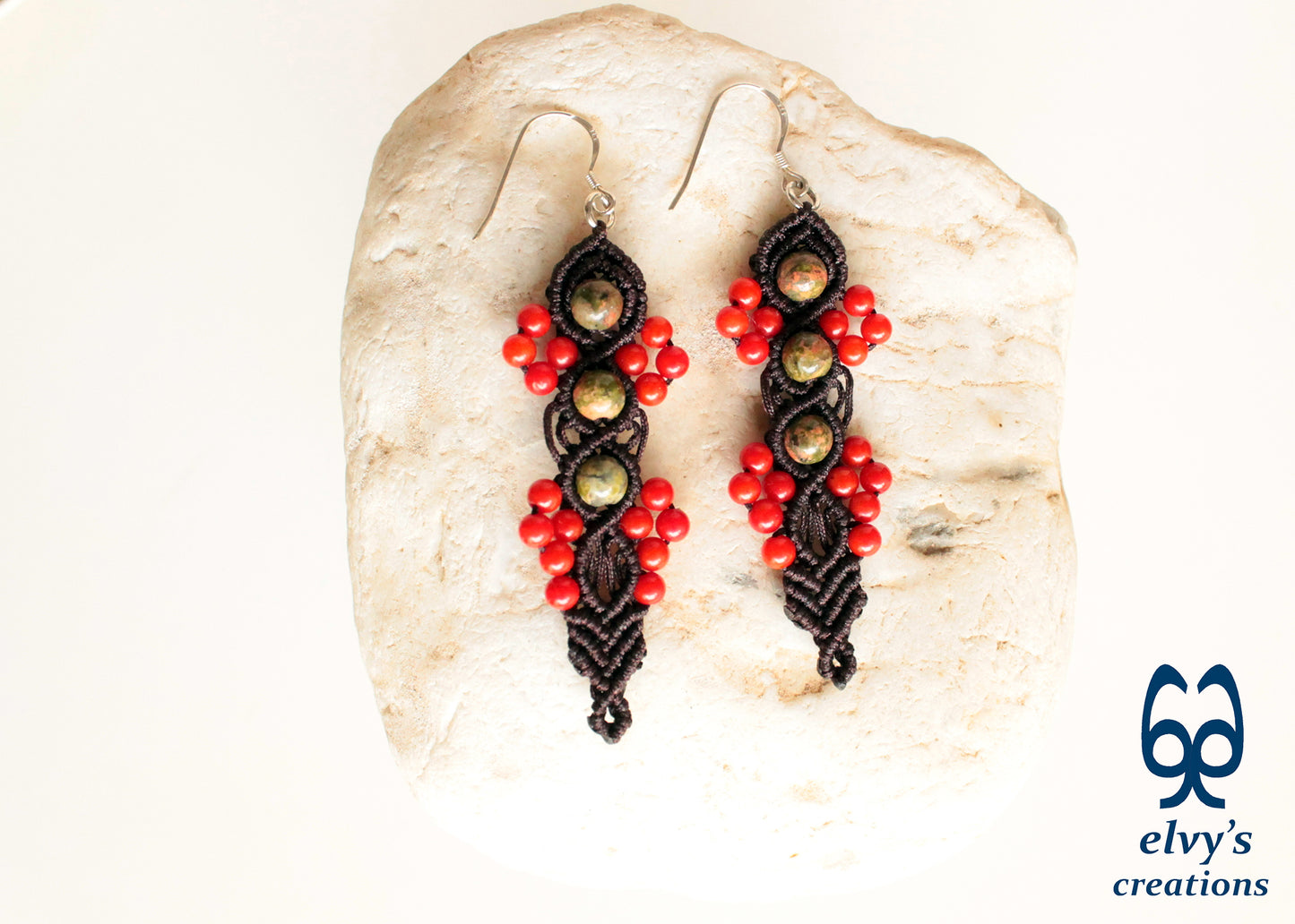 Handmade Macrame Silver Earrings, Beaded Gemstone Handmade Jewelry,Gift for Women
