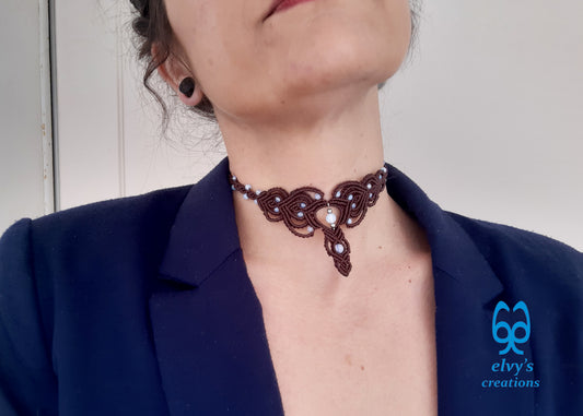 Brown Macrame Necklace Moonstone Lace Necklace Macrame Adjustable Choker Moonstone Beaded Jewelry