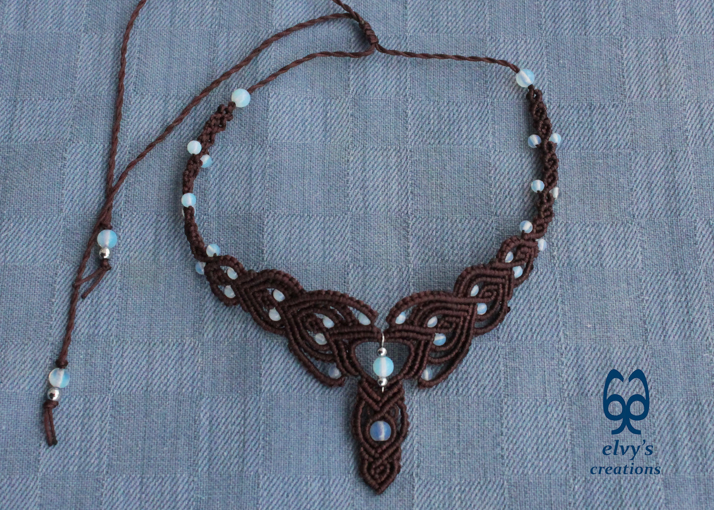 Brown Macrame Necklace Moonstone Lace Necklace Macrame Adjustable Choker Moonstone Beaded Jewelry