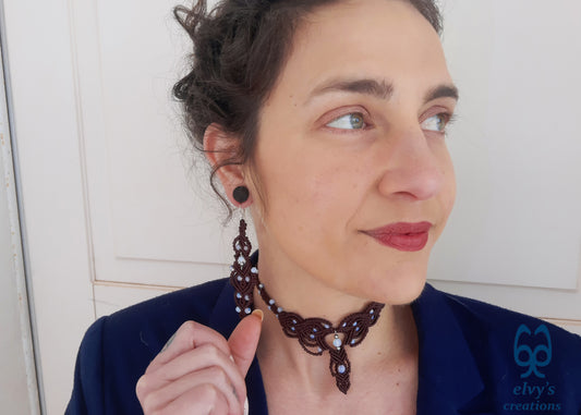 Brown Macrame Necklace Moonstone Lace Necklace Macrame Adjustable Choker Moonstone Beaded Jewelry