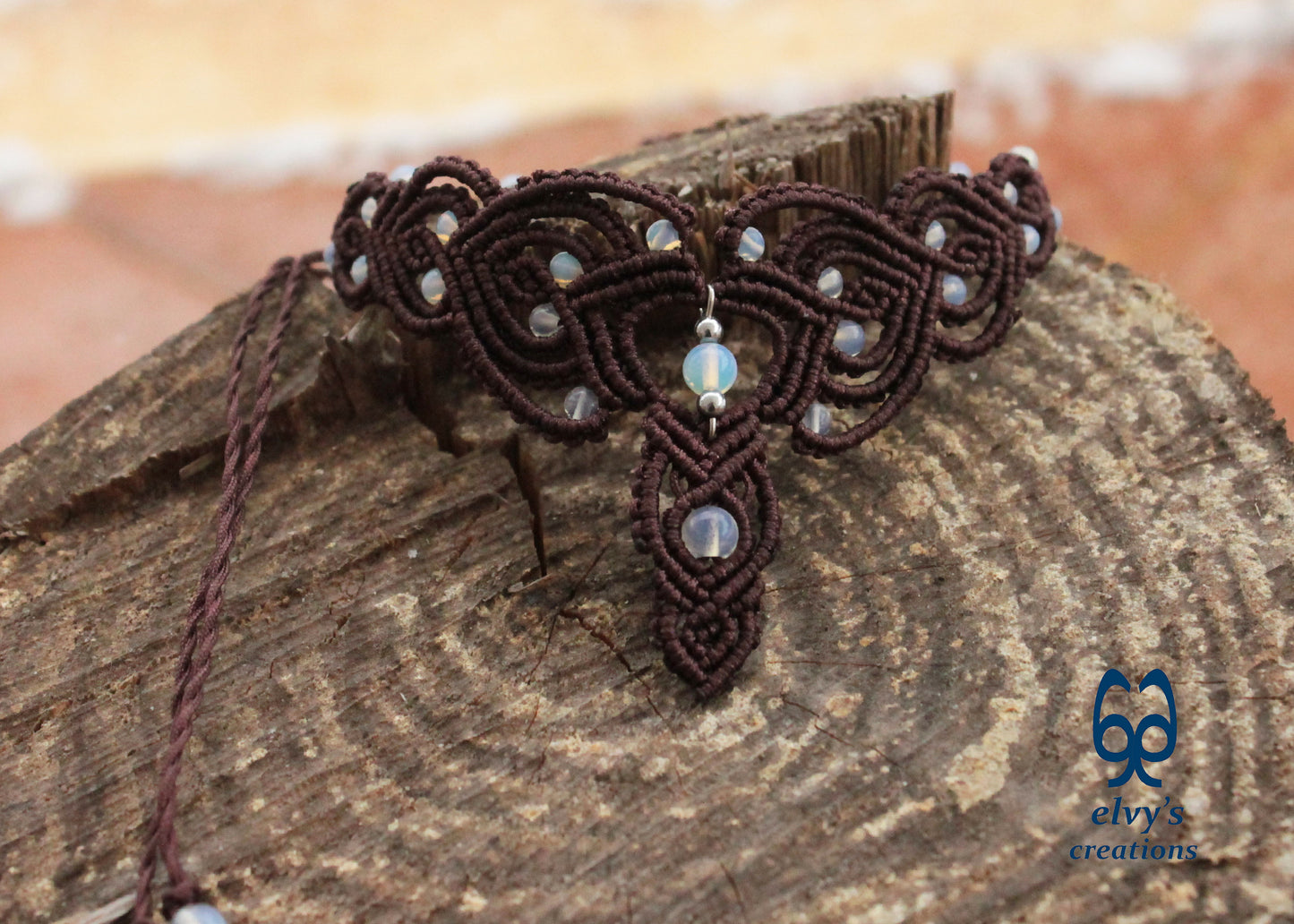 Brown Macrame Necklace Moonstone Lace Necklace Macrame Adjustable Choker Moonstone Beaded Jewelry