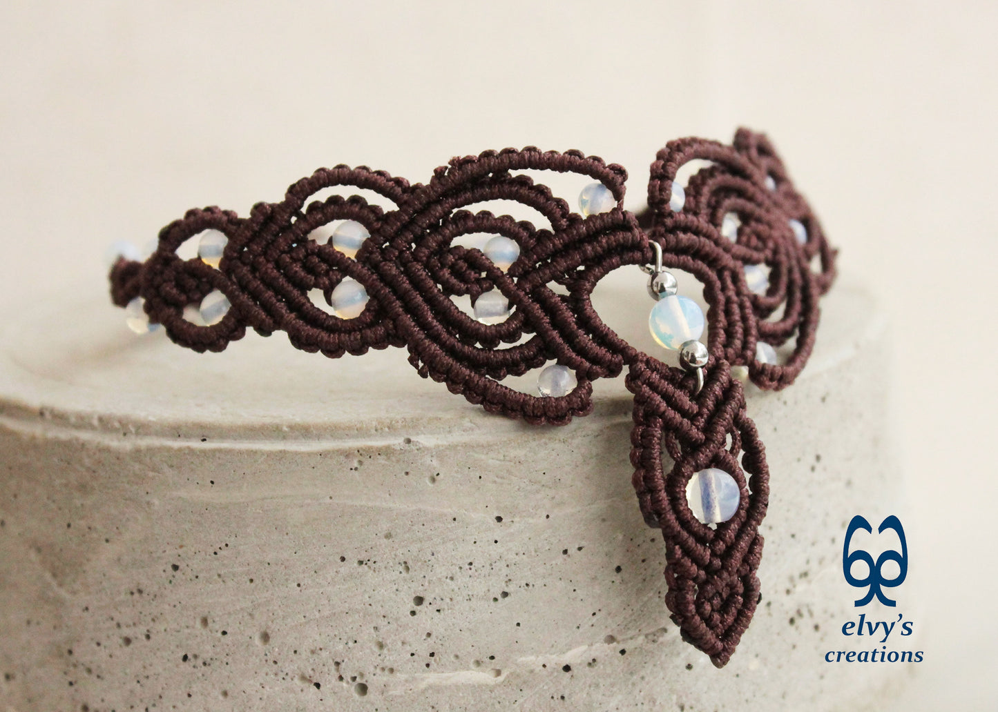 Brown Macrame Necklace Moonstone Lace Necklace Macrame Adjustable Choker Moonstone Beaded Jewelry