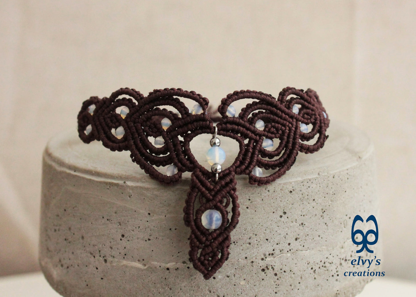 Brown Macrame Necklace Moonstone Lace Necklace Macrame Adjustable Choker Moonstone Beaded Jewelry