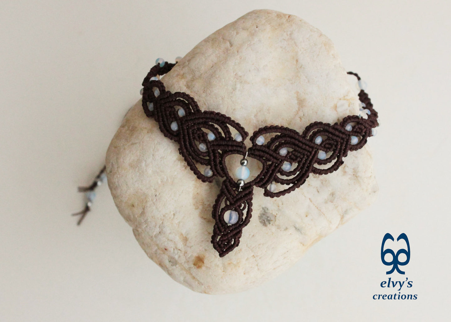 Brown Macrame Necklace Moonstone Lace Necklace Macrame Adjustable Choker Moonstone Beaded Jewelry