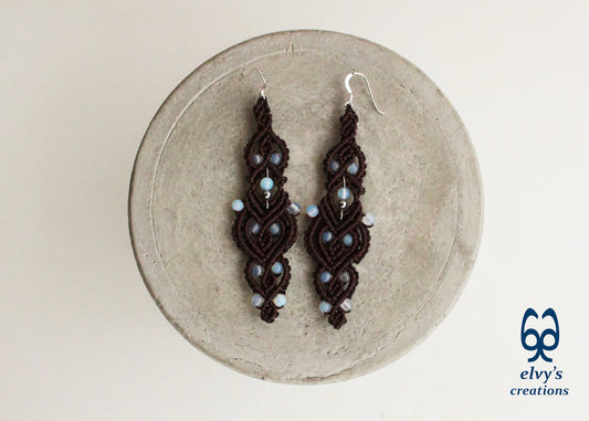 Brown Macrame Earrings with Moonstones Brown Lace Rainbow Moonstone Gemstones Boho Macrame Earrings