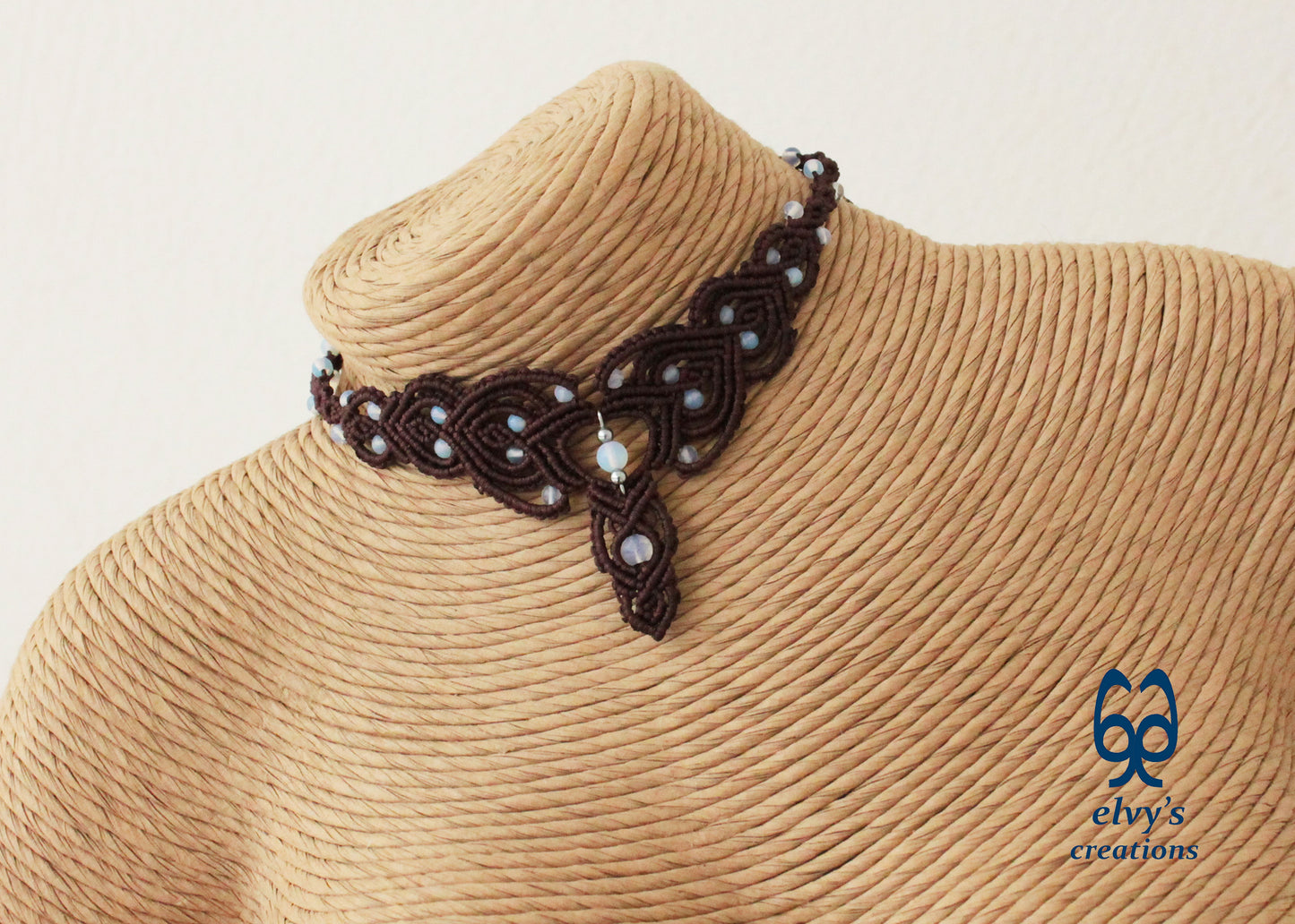 Brown Macrame Necklace Moonstone Lace Necklace Macrame Adjustable Choker Moonstone Beaded Jewelry