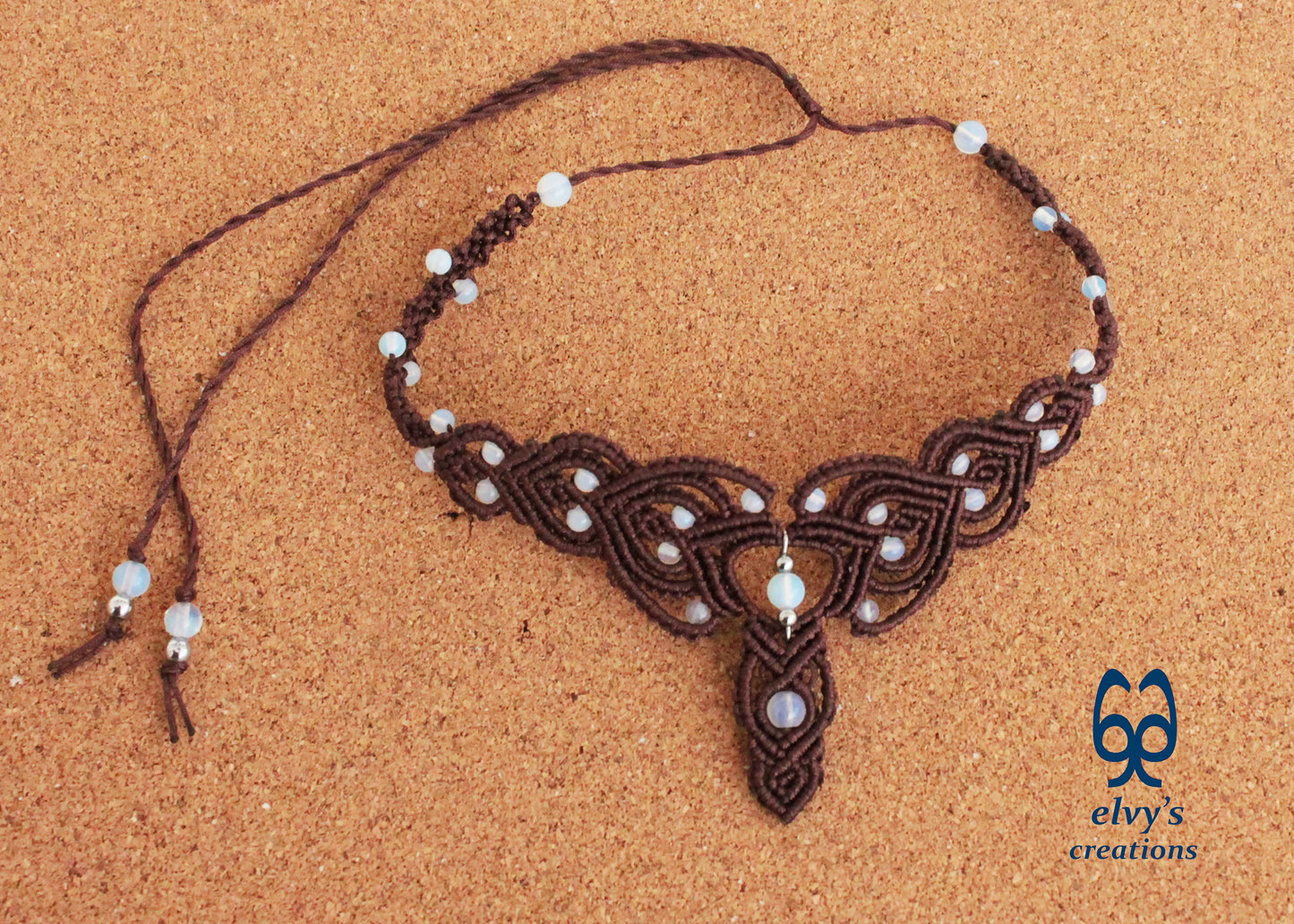 Brown Macrame Necklace Moonstone Lace Necklace Macrame Adjustable Choker Moonstone Beaded Jewelry