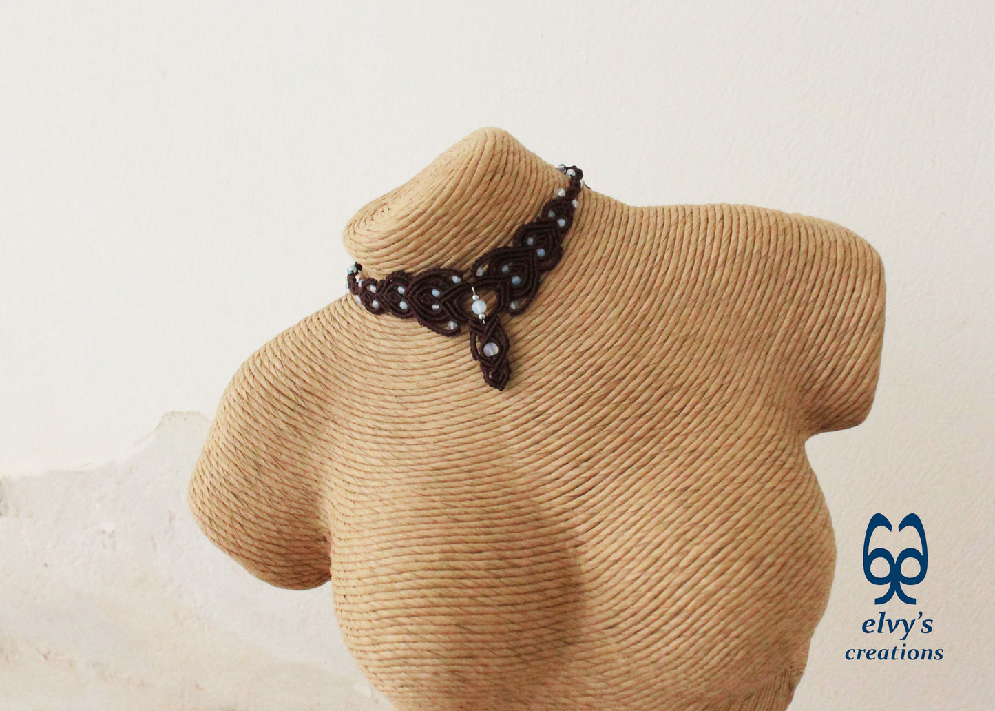 Brown Macrame Necklace Moonstone Lace Necklace Macrame Adjustable Choker Moonstone Beaded Jewelry