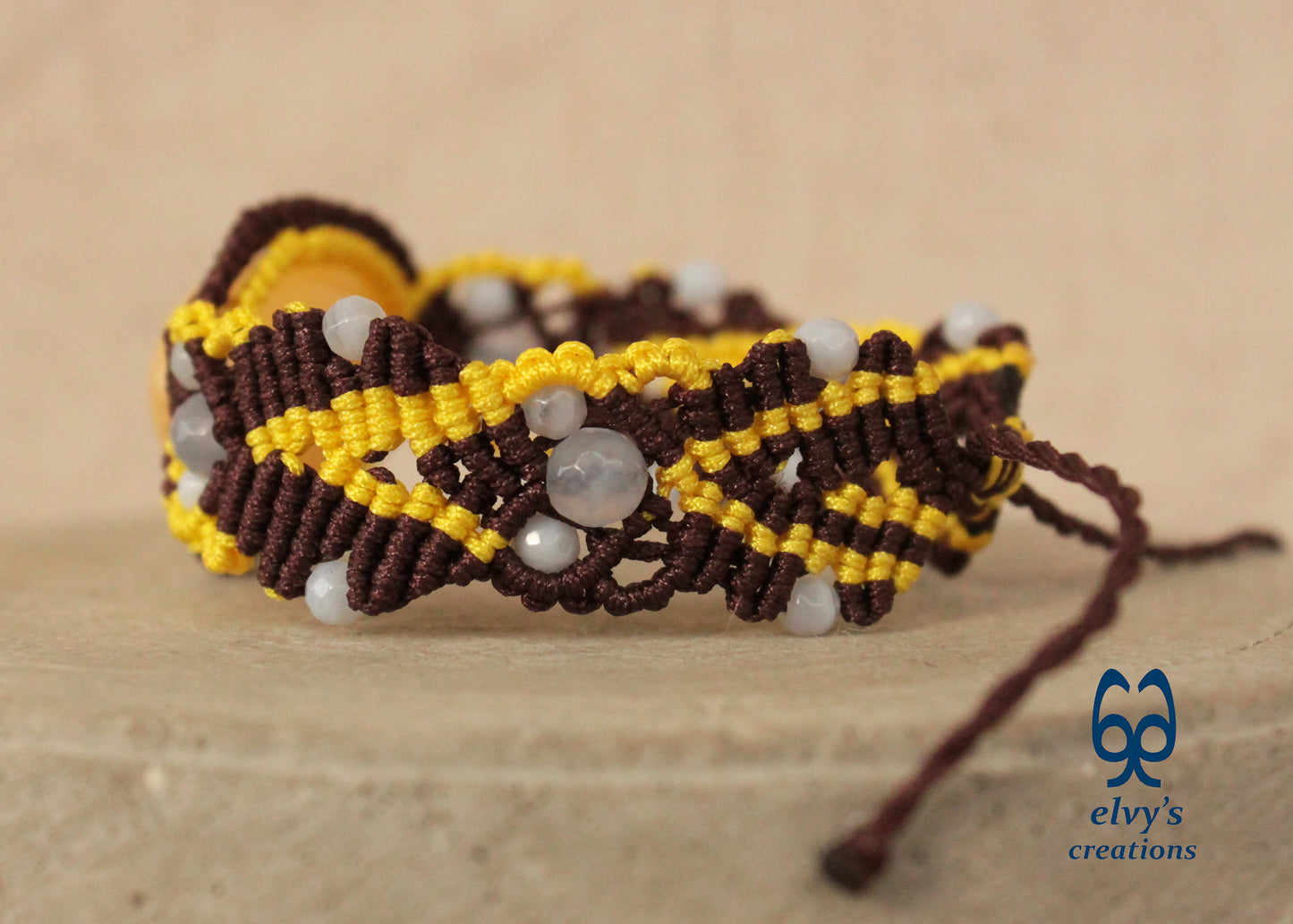Brown Macrame Bracelet with Pink Yellow Chalcedony Gemstones Adjustable