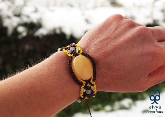 Brown Macrame Bracelet with Pink Yellow Chalcedony Gemstones Adjustable