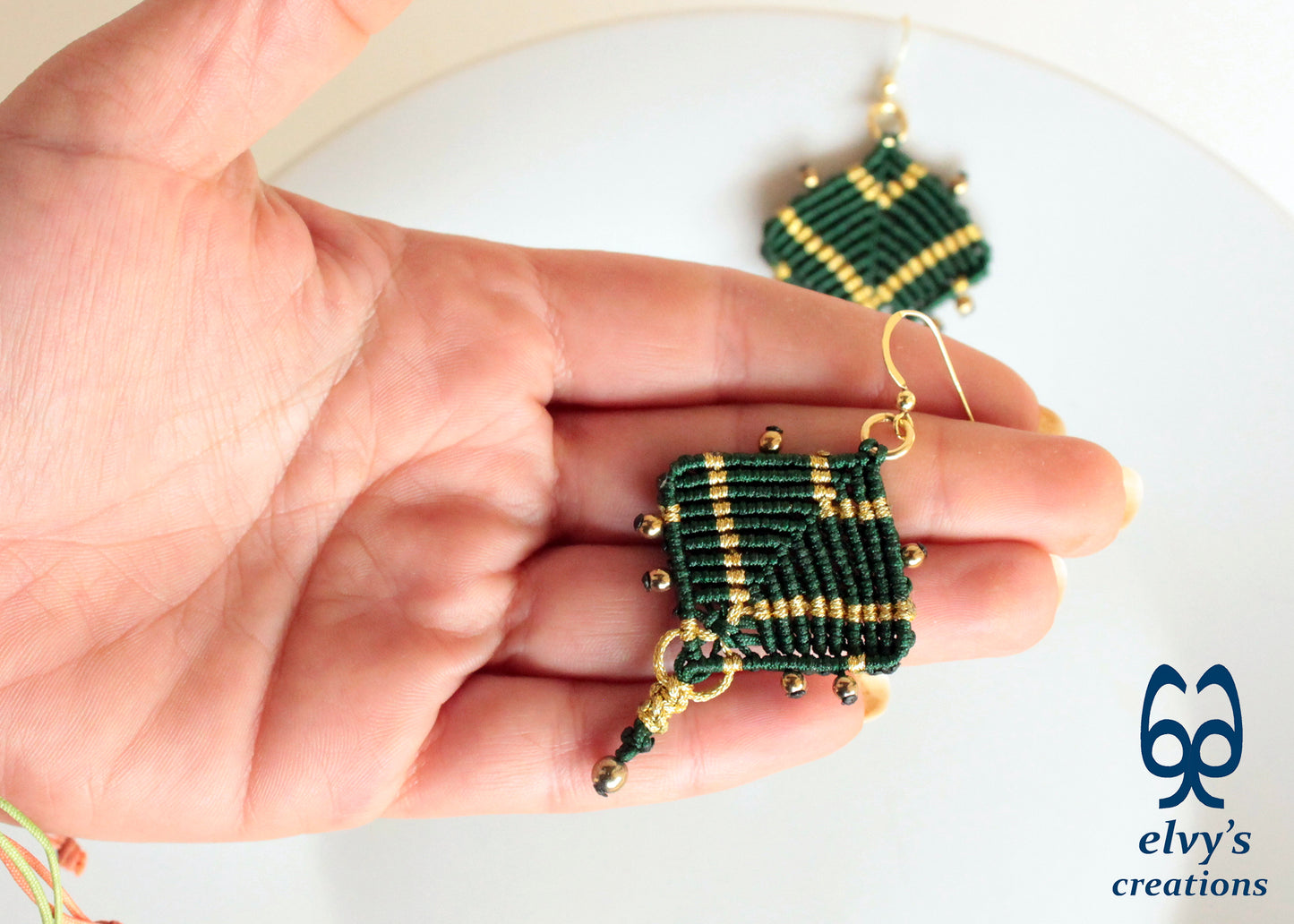Handmade Green and Gold Macrame Earrings, Dangle Gemstone Beads Earrings, Birthday Gift for Women