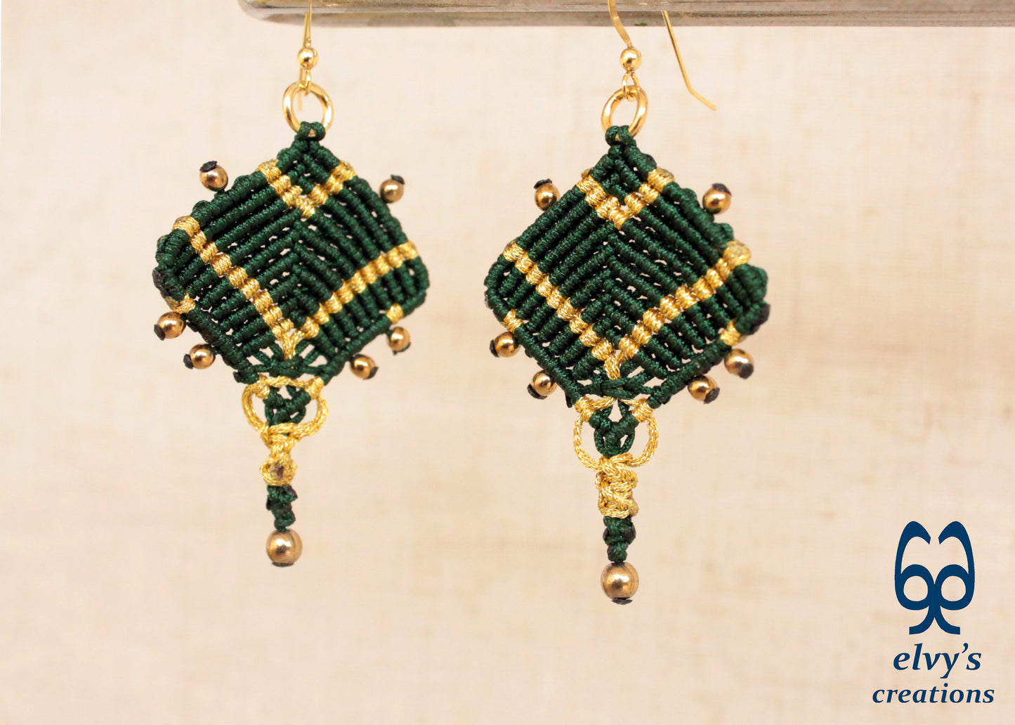 Handmade Green and Gold Macrame Earrings, Dangle Gemstone Beads Earrings, Birthday Gift for Women