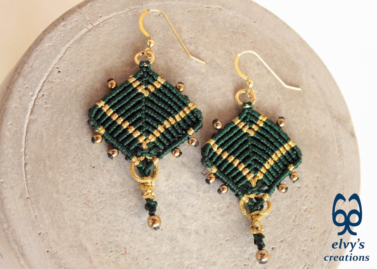 Handmade Green and Gold Macrame Earrings, Dangle Gemstone Beads Earrings, Birthday Gift for Women