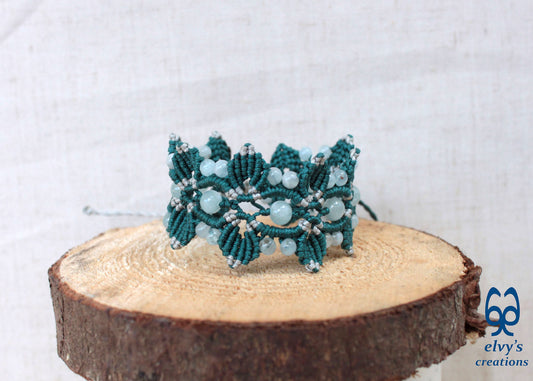 Emerald Green and Silver Macrame Adjustable Bracelet with Aquamarine Healing Gemstones