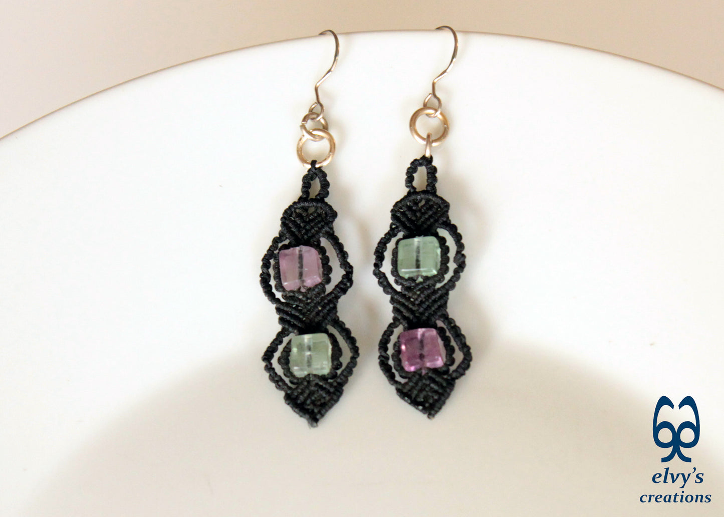 Handmade Silver Macrame Earrings,Fluorite Gemstone Beaded Earrings,Birthday Gift for Women