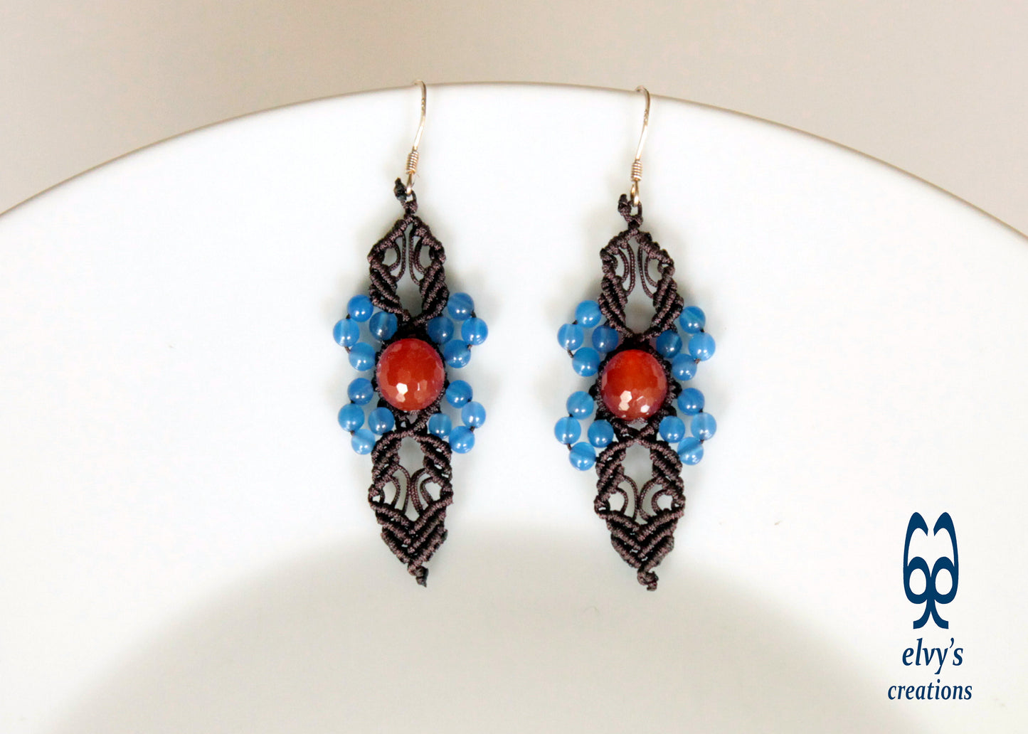 Brown Macrame Blue Jade and Orange Carnelian Micromacrame Beaded Earrings