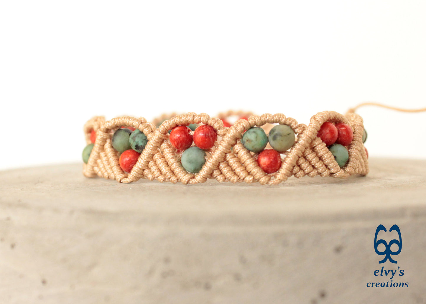 Macrame Beige Boho Beaded Bracelet for Women Natural Turquoise and Red Coral